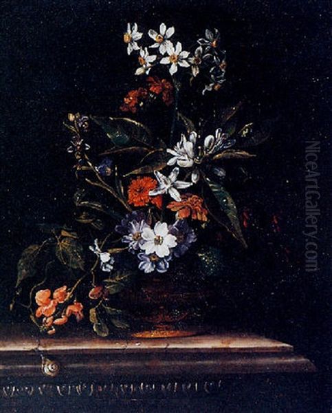 A Still Life Of Flowers In An Ormolu Mounted Copper Vessel, With A Snail And A Butterfly, All On A Marble Ledge Oil Painting by Jacques Samuel Bernard