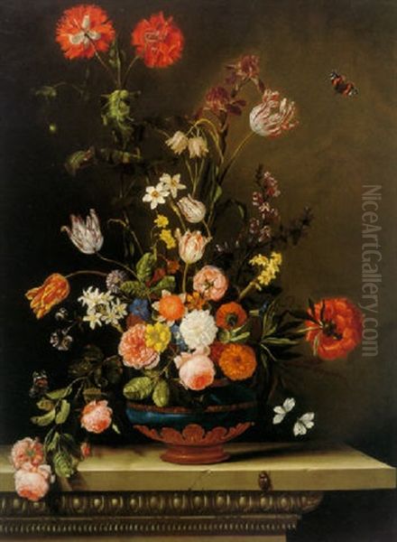 Still Life Of Roses, Tulips, Poppies, Narcissi And Other Flowers In A Lapis Lazuli Vase With Gilt Mountings Oil Painting by Jacques Samuel Bernard