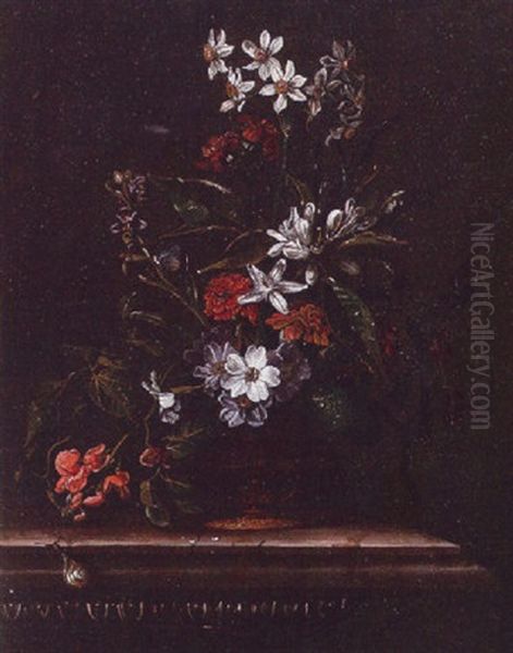 Still Life Of Flowers In An Ormulu Mounted Copper Vessel, A Sanil And A Butterfly All Upon A Marble Frieze Oil Painting by Jacques Samuel Bernard