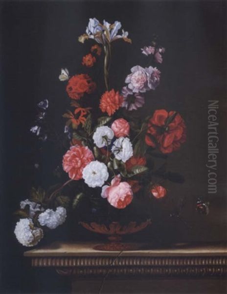 Still Life Of Roses, Irises And Other Flowers In An Ormolu Mounted Glass Vase With Butterflies And A Dragonfly On An Ornamented Stone Ledge Oil Painting by Jacques Samuel Bernard