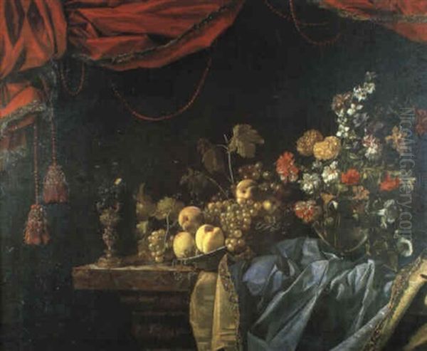 Nature Morte A La Coupe De Peches Et Raisins, Vase De Fleurs Et Roehmer Monte Oil Painting by Jacques Samuel Bernard