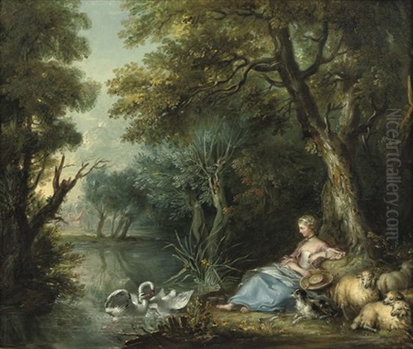 A Pastoral Landscape With A Shepherdess Looking At Swans Playing Oil Painting by Jean Baptiste Bernard