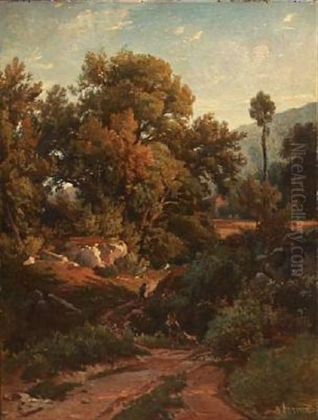 Hilly Landscape Oil Painting by Jean Francois Armand Felix Bernard