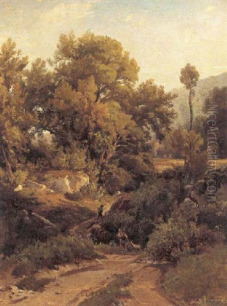 Bakket Landskab Oil Painting by Jean Francois Armand Felix Bernard