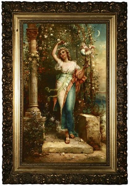 Nymph Before An Arched Garden Trellis With Flowers Oil Painting by Joseph Bernard