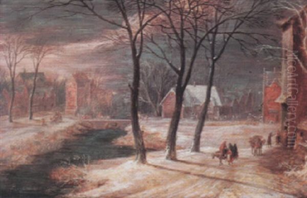 A Village Winter Landscape With Travellers Oil Painting by Samuel Bernard