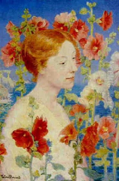 Jeune Fille Aux Fleurs Rouges Avec Un Portique Antique A L'arriere-plan by Valere Bernard