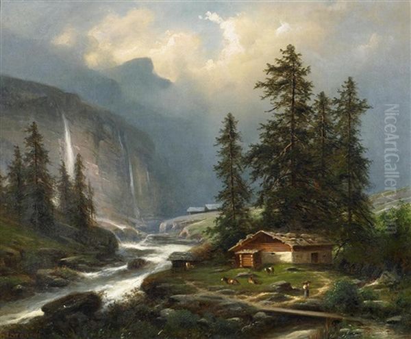 Der Staubach Im Lauterbrunnental Im Berner Oberland Oil Painting by Joseph Bernardi