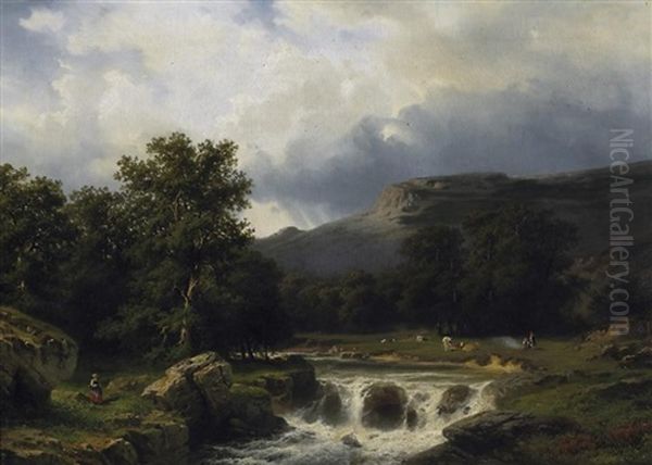 Gebirgsbach Im Schweizer Jura. Auf Den Wiesen Am Ufer Kuhhirten Oil Painting by Joseph Bernardi