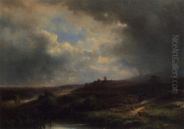 Heidelandschaft Mit Schafhirt Vor Dem Gewitter Oil Painting by Joseph Bernardi