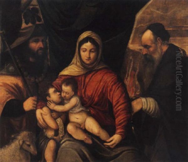 Madonna Con Bambino, San Giovannino, San Giacomo Da Compostella E San Antonio Abate Oil Painting by  Bernardino da Asola