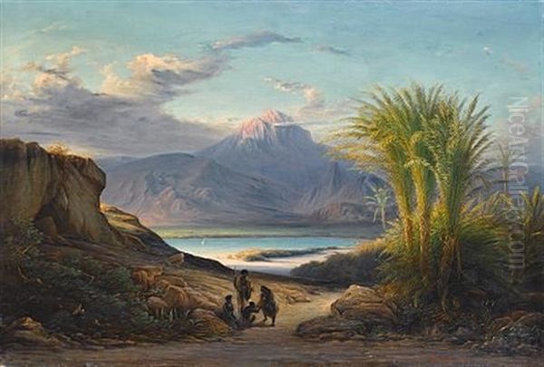 A Highland Lake, Ethiopia Oil Painting by Johann Martin Bernatz