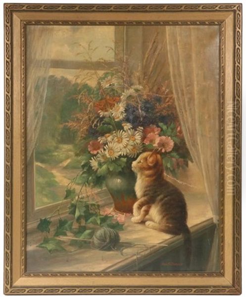 Kitten On Windowsill Stalking A Butterfly In A Wildflower Arrangement Oil Painting by Carl Berndt