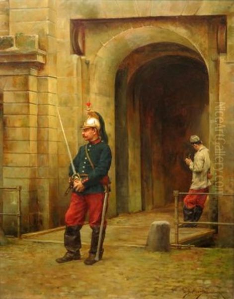 The Dragoon At The Gate Oil Painting by Etienne Prosper Berne-Bellecour