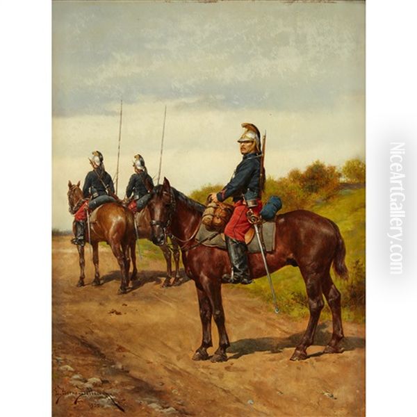 Three Cuirassiers On Horseback Oil Painting by Etienne Prosper Berne-Bellecour