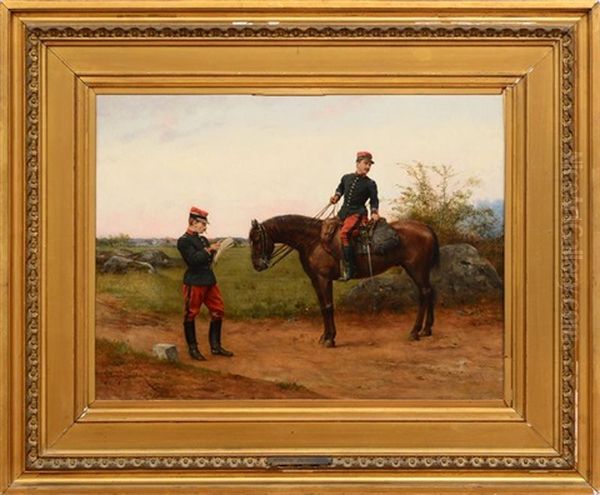 Two Officers On A Country Road Oil Painting by Etienne Prosper Berne-Bellecour