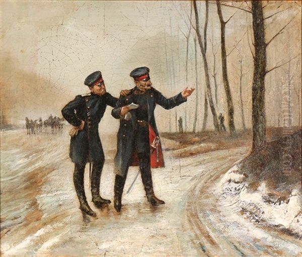 Two Officers Conferring Oil Painting by Etienne Prosper Berne-Bellecour