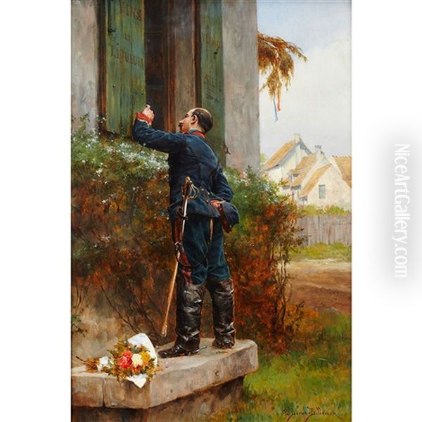 Soldier At The Lover's Door Oil Painting by Etienne Prosper Berne-Bellecour