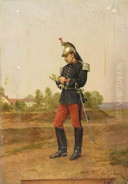 Militaire Enfilant Son Gant Oil Painting by Etienne Prosper Berne-Bellecour