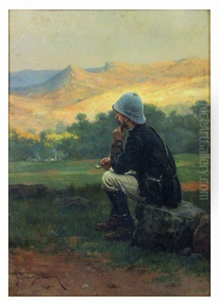 Untitled (solider Lost In Thought Sitting On Rock) Oil Painting by Etienne Prosper Berne-Bellecour