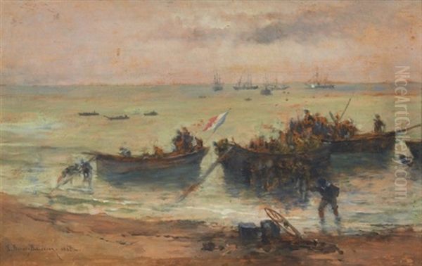 Debarquement De Troupes De Marine Francaise Dans Des Chaloupes Oil Painting by Etienne Prosper Berne-Bellecour