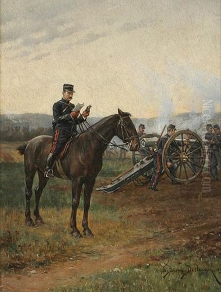 An Der Kanone. Ein Franzosischer Offizier Zu Pferd, Neben Ihm Wird Eine Kanone Geladen Oil Painting by Etienne Prosper Berne-Bellecour