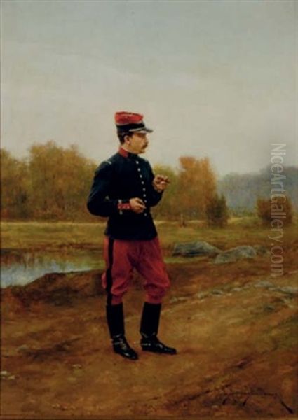 A French Military Officer Smoking (+ Another; 2 Works) Oil Painting by Etienne Prosper Berne-Bellecour