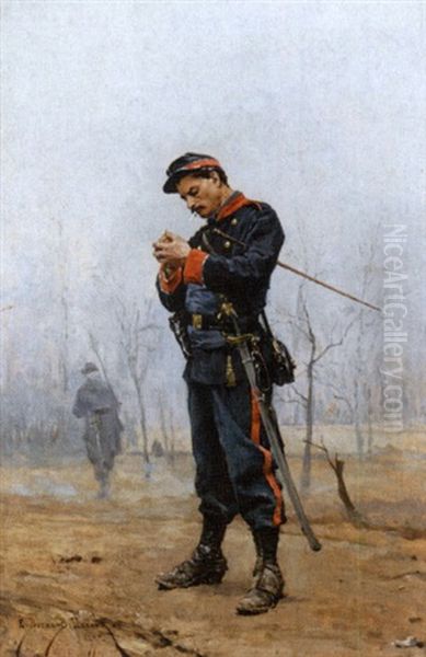 A Cigarette Break Oil Painting by Etienne Prosper Berne-Bellecour