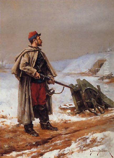 A Foot Soldier In The Snow Oil Painting by Etienne Prosper Berne-Bellecour