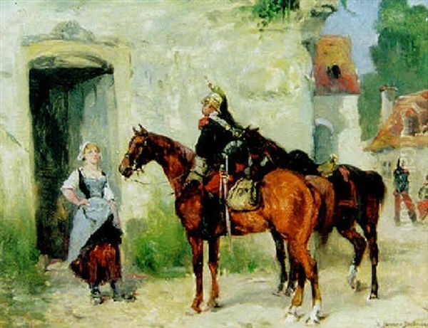 Officer Till Hast I Samtal Med Kvinna Oil Painting by Etienne Prosper Berne-Bellecour