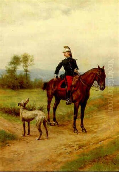 A Soldier On Horseback With A Dog Oil Painting by Etienne Prosper Berne-Bellecour