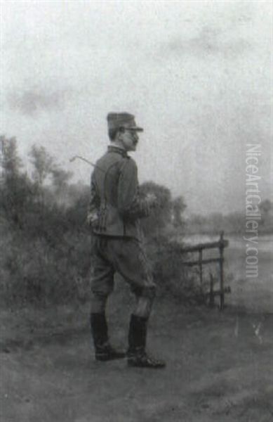 Soldier At Rest By A Green Meadow Oil Painting by Etienne Prosper Berne-Bellecour