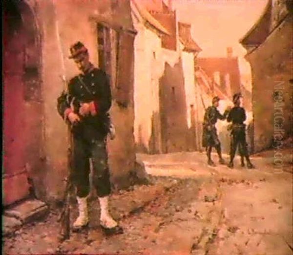 French Soldiers In Street Oil Painting by Etienne Prosper Berne-Bellecour