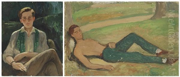 Two Portraits Of Robert Heber-percy; With Green Scarf; And Reclining By A Tree Oil Painting by Lord Berners