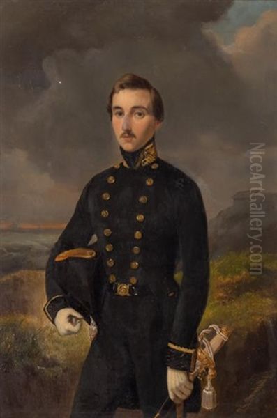 Portrait Of A Military Officer In A Seaside Landscape Oil Painting by Pieter Gerardus Bernhard