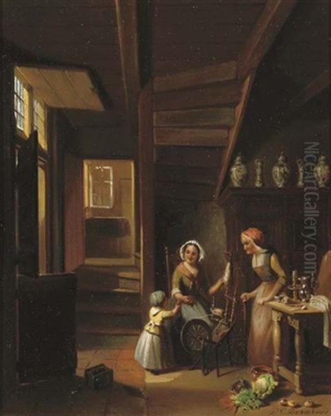 Helping Mummy At The Spinningwheel Oil Painting by Pieter Gerardus Bernhard