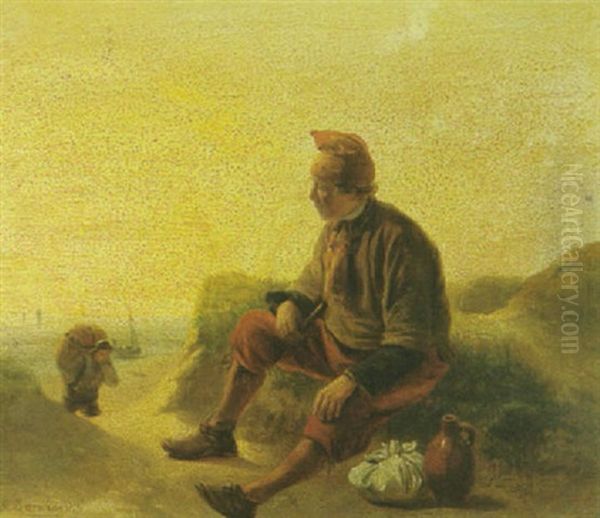 A Fisherman Resting By The Roadside With A Coastal Scene Beyond Oil Painting by Pieter Gerardus Bernhard