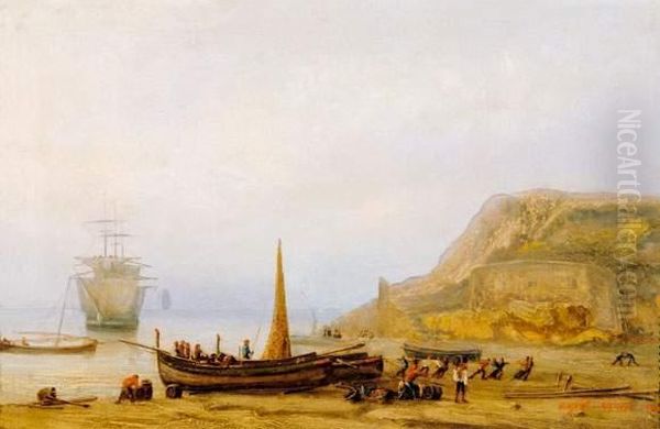 Pecheurs Et Barques, Rivage Du Midi Oil Painting by Auguste Aiguier