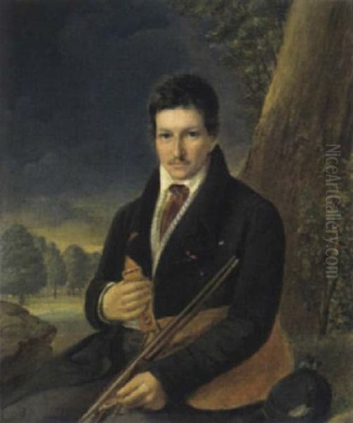 Portrait Eines Herrn In Jagdkleiding Vor Einer Landschaft Sitzend Oil Painting by Joseph Bernhardt