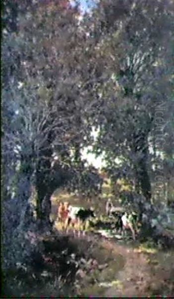 Vaches S'abreuvant Dans Le Sous-bois Oil Painting by Camille Bernier