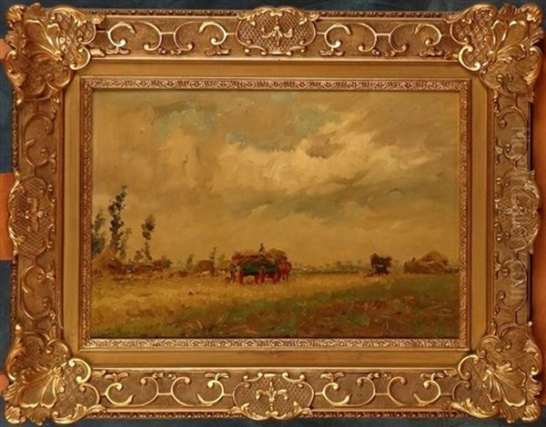 Vue De Champs Animee Avec Chariots Oil Painting by Geo Bernier