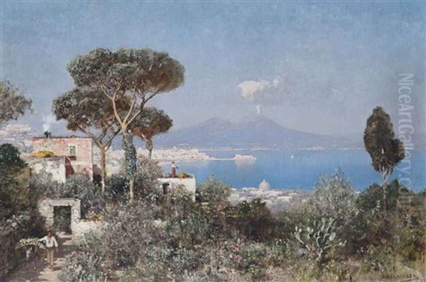 A Boy And A Donkey On The Way To Market Above The Bay Of Naples Oil Painting by Edmund Berninger