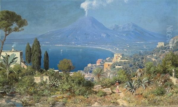 The Bay Of Naples, Vesuvius Beyond Oil Painting by Edmund Berninger