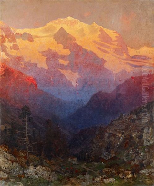 Le Massif De La Jungfrau Au Couchant Oil Painting by Edmund Berninger