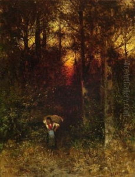 Holzsammlerin Auf Der Waldlichtung Oil Painting by Edmund Berninger