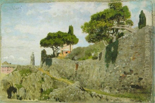 Parkmauer Und Gebaude In Nervi Oil Painting by Edmund Berninger