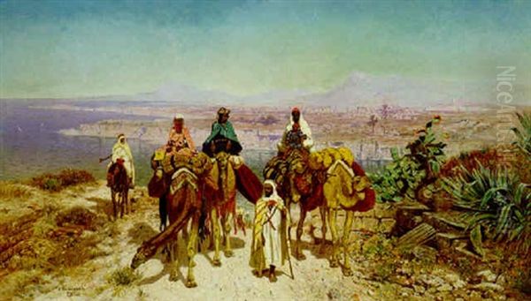 An Arab Caravan Above Tunis Oil Painting by Edmund Berninger