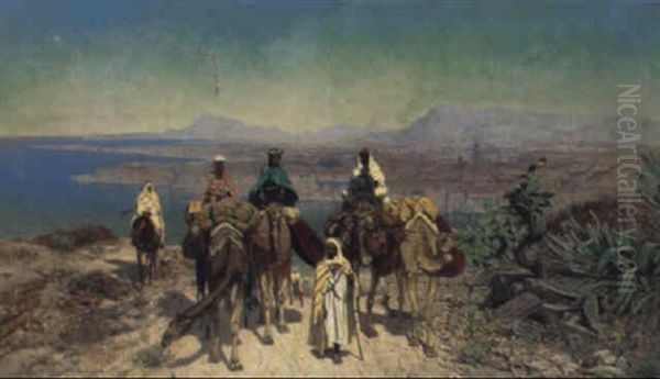 An Arab Caravan In A Coastal Landscape Oil Painting by Edmund Berninger