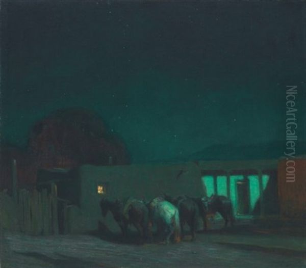 Horses By Adobe Building, Moonlight Oil Painting by Oscar Edmund Berninghaus