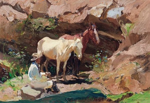 Watering Hole Oil Painting by Oscar Edmund Berninghaus